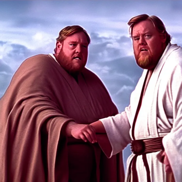 Image similar to obi wan kenobi but obese!! and overweight, photoralistic rendering, movie still, screenshot, hyperdetailed