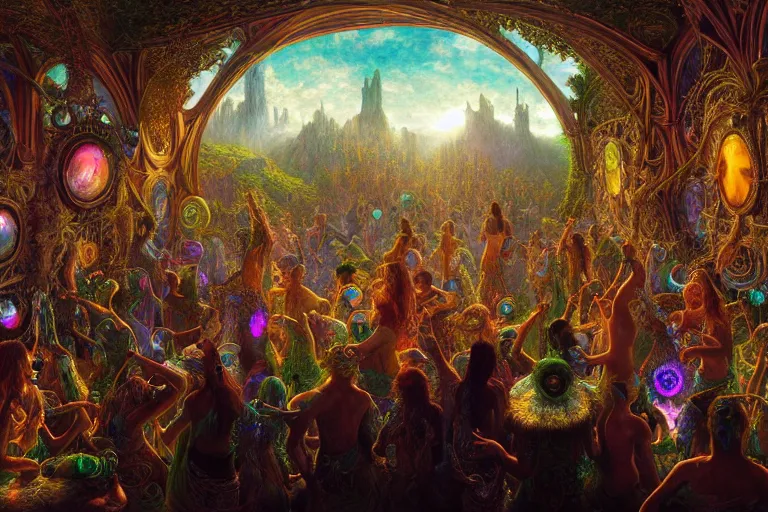 Image similar to a beautiful and highly detailed digital painting of a a psytrance party in another dimension, psychedelic, celtic, intricate details, epic scale, insanely complex, 8 k, sharp focus, photorealism, artstation, cgsociety, by caspar friedrich, albert bierstadt, james gurney, brian froud,