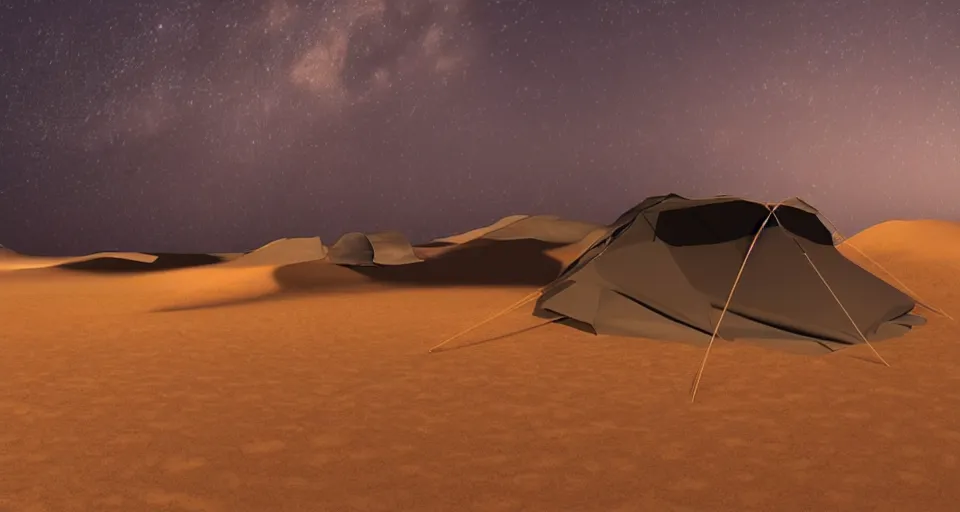 Image similar to hyper realistic matte painting of a small tent in the desert with dunes at midnight, dark color scheme, artstation