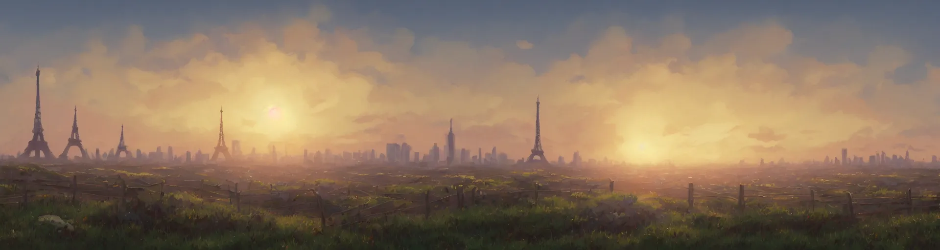 Prompt: gouache matte painting!!!! a wholesome animation key shot of a cute empty sunrise march foggy landscape with broken metal fence and paris city in far distance, studio ghibli, pixar shinkai and disney animation, sharp, rendered in gouache painting, anime key art by makoto shinkai, greg rutkowski, bloom, dramatic, dynamic lighting