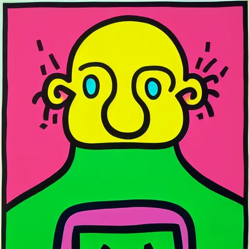 Image similar to head of a man full of things by keith haring and takashi murakami, empty green canvas, pop culture, colorful