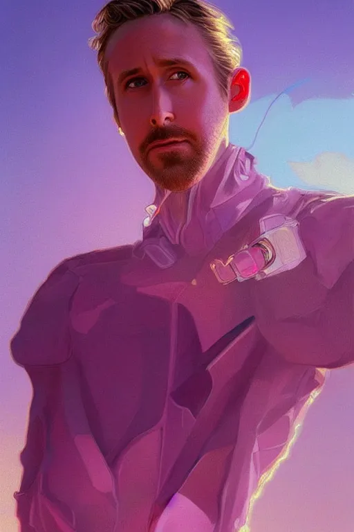 Image similar to ryan gosling robotic clothes in the beach purple sun, pink lighting ultra realistic photorealistic highly detailed high quality, a stunningly, digital painting, artstation, concept art, smooth, sharp focus, illustration, art by artgerm and greg rutkowski and alphonse mucha 8 k