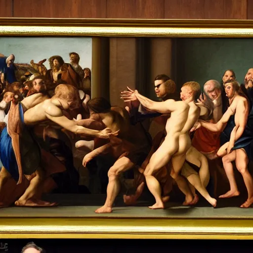 Image similar to alex jones fighting alex jones in a courtroom, golden ratio, renaissance painting,