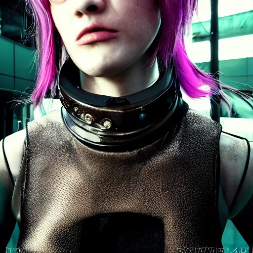 Image similar to detailed realistic cyberpunk female character cyberpunk wearing large steel collar around neck, realistic, art, beautiful, 4K, collar, choker, collar around neck, punk, artstation, detailed, female, woman, choker, cyberpunk, neon, punk, collar, choker, collar around neck, thick collar, choker around neck, wearing choker, wearing collar, bright neon punk hair,