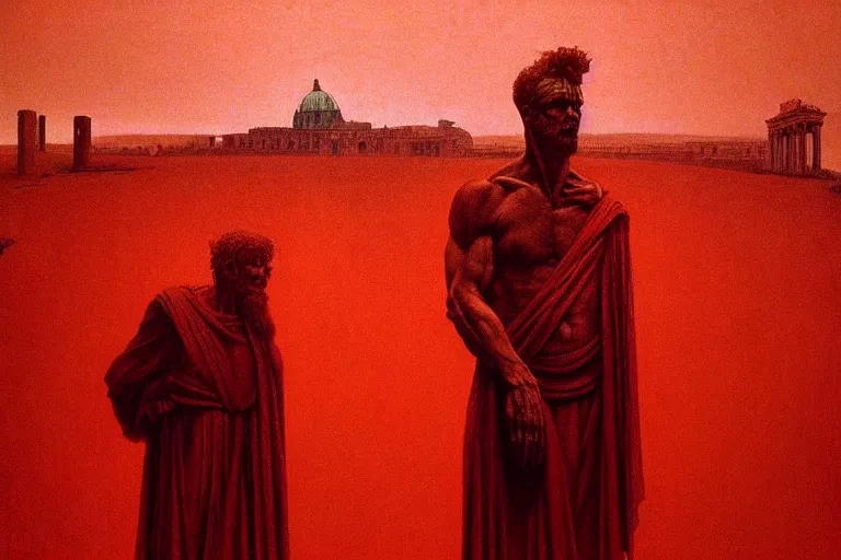 Image similar to only with red, caesar after war, the great deal, a red tiger, in hoc signo vinces, rome in background, an ancient path, in the style of beksinski, part by hopper, part by rodcenko, part by hofbauer, intricate composition, red by caravaggio, insanely quality, highly detailed, masterpiece, red light, artstation