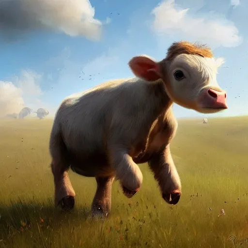 Image similar to beautiful concept art of a cute calf having the zoomies on a meadow by greg rutkowski