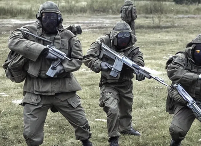 Prompt: spetsnaz pointing guns at an extraterrestrial gray alien reticulan