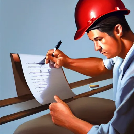 Image similar to a worker wearing a hardhat writing in a notepad with a calculator, by rhads, 3 d