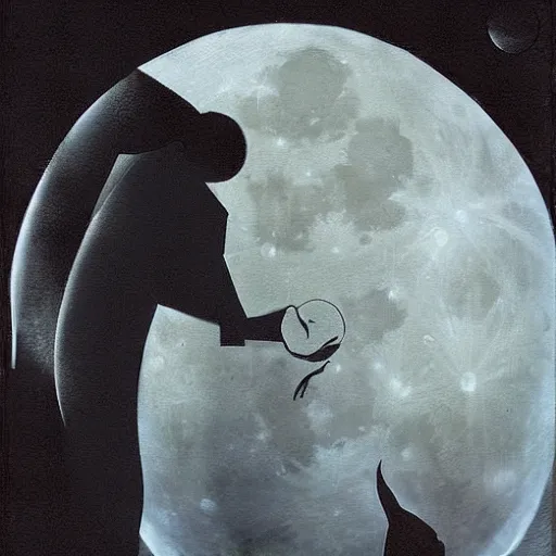 Prompt: looking at the full moon, transparent soul leaving the body, dave mckean, loischl