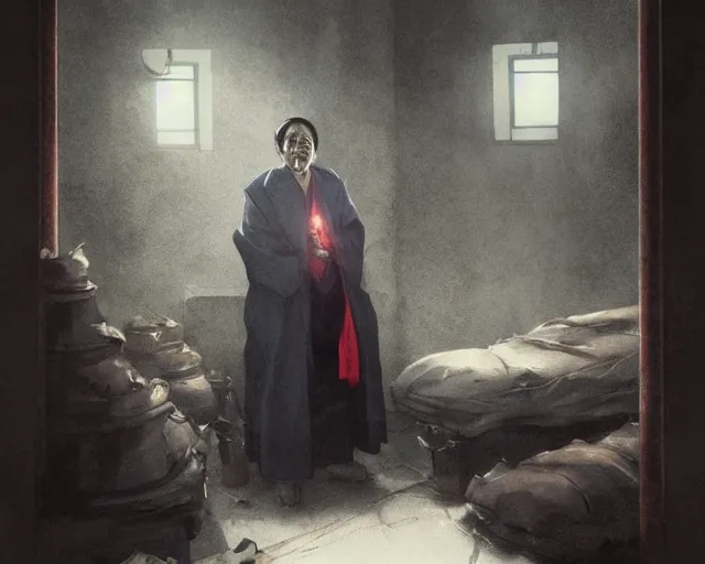 Image similar to a 50 year old brunnete chinese man standing in a morgue funereal next to the grim reaper, horror scene, dramatic, anime art, Greg Rutkowski, studio ghibli, dramatic lighting