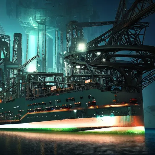 Image similar to photo of Immense industrial futuristic cargo ship arrives at cyber punk city sea port, cinematic lighting, photo