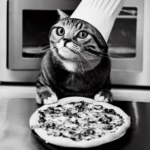 Image similar to studio photograph, a cat dressed as a chef taking a pizza out of an oven
