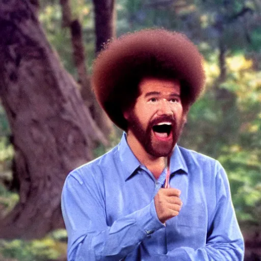 Image similar to bob ross screaming huffing paint