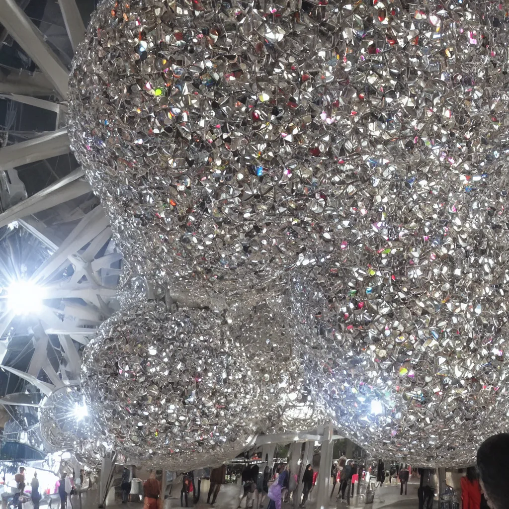 Prompt: Atomium made out of disco balls