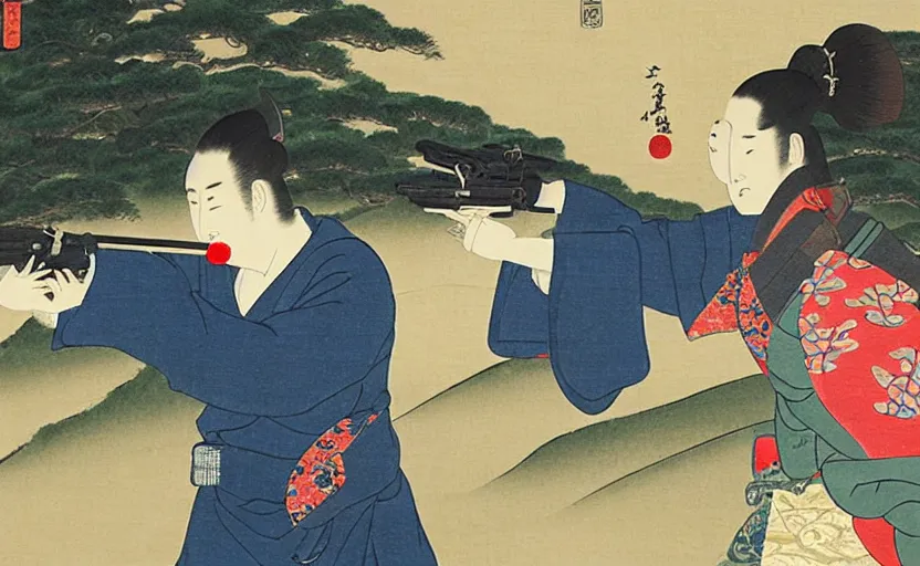 Image similar to a Japanese painting of the emperor of Japan shooting a laser gun