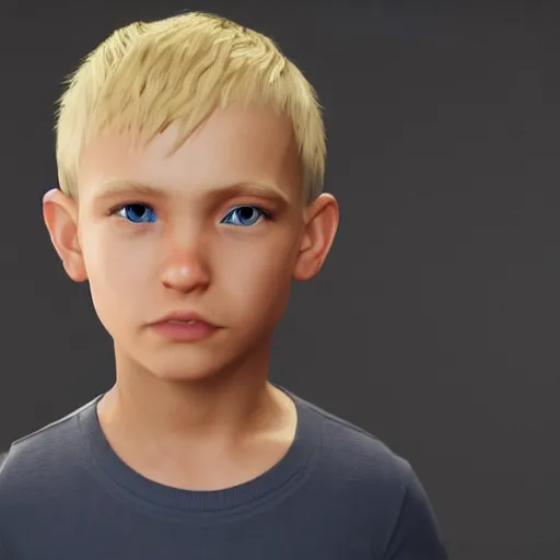 Image similar to a detailed full body image of boy with blonde hair and blue eyes wearing a black tshirt, unreal engine 5 rendered, incredibly highly detailed and realistic, 8 k, sharp focus, studio quality