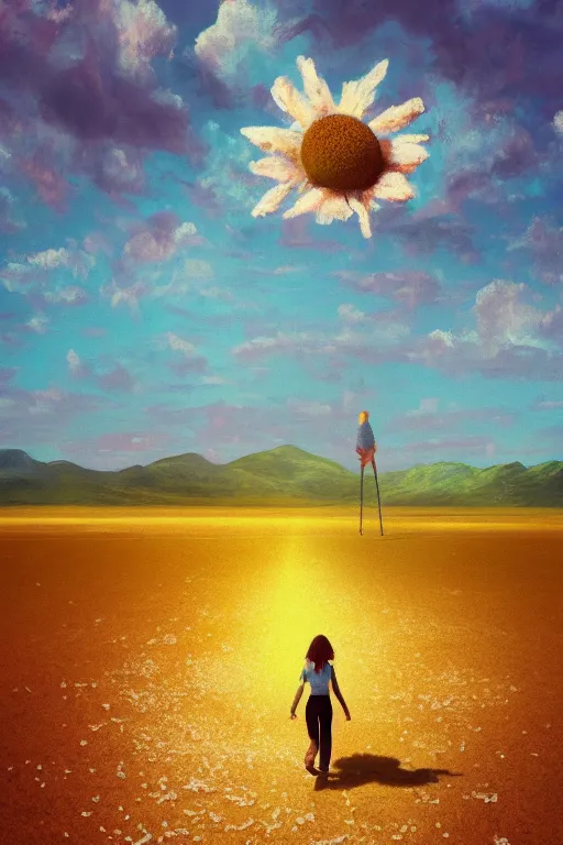 Image similar to giant daisy flower head, girl walking on salt flats mountains, surreal photography, sunrise, dramatic light, impressionist painting, colorful clouds, digital painting, artstation, simon stalenhag