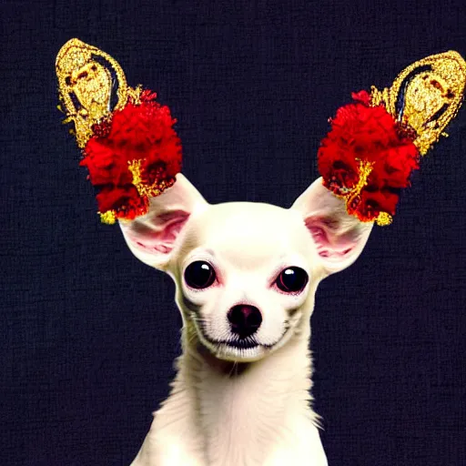 Image similar to white chihuahua king wearing a red and gold crown cinematic composition, digital art, cute