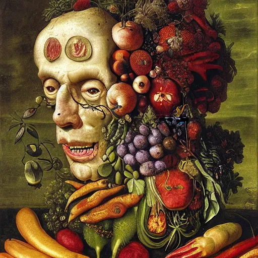 Image similar to portrait of benjamin netanyahu made of vegetables fruits flowers, vanitas, memento mori, by giuseppe arcimboldo