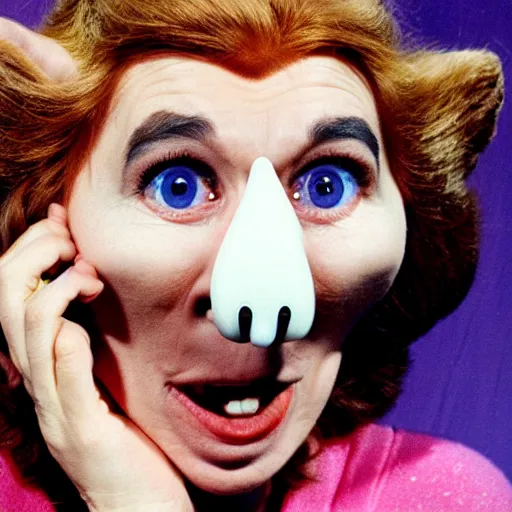 Image similar to woman with a nostril face, long snout, 1974 wacky live-action children's television show, archival footage, technicolor film