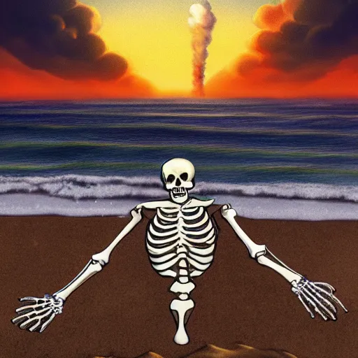 Image similar to highly detailed anatomically accurate skeleton on the beach with nuclear explosion in the background, trending on Artstation