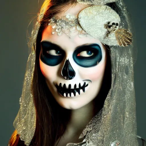 Prompt: a professional photoshoot, skull face pale beauty with crystal firefly wings, a devianart photograph