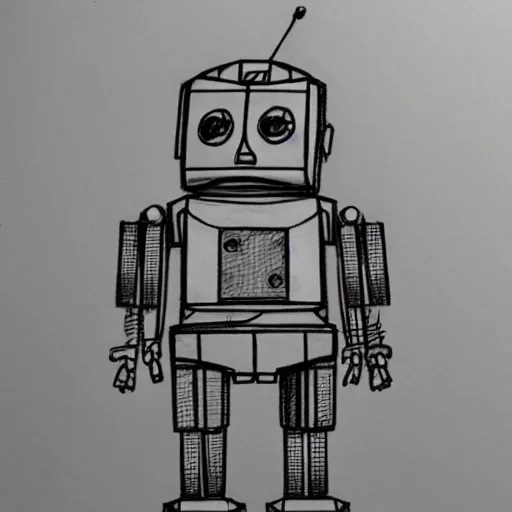 Image similar to pencil sketch of a awkard robot with joints that creak and a triangular head with 2 antenna