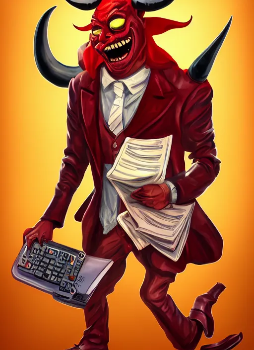 Image similar to a grinning devil dressed as an accountant, hellish, digital art, character portrait, high quality, 8 k, detailed,