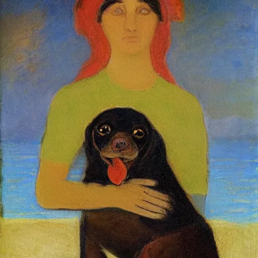 Image similar to a woman and her black and brown chihuahua by the sea by odilon redon