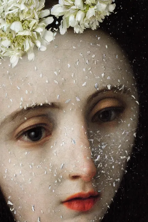 Prompt: hyperrealism close - up mythological portrait of a medieval woman's shattered face partially made of white flowers in style of classicism, bronze skin, wearing black dress, dull palette