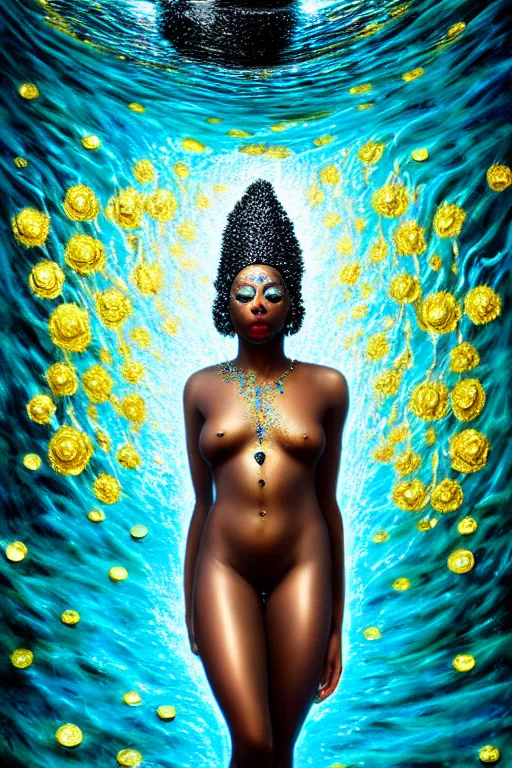 Prompt: hyperrealistic postmodern cinematic very beautiful! black oshun goddess with white! iris, in water, yoruba body paint, mirror dripping droplet!, gold flowers, highly detailed digital art masterpiece, smooth robert steven connett eric zener dramatic teal light, ground angle uhd 8 k, sharp focus