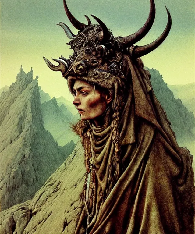 Prompt: A detailed horned boarwoman with boar head stands among the mountains. Wearing a ripped mantle, robe. Perfect faces, extremely high details, realistic, fantasy art, solo, masterpiece, art by Zdzisław Beksiński, Arthur Rackham, Dariusz Zawadzki