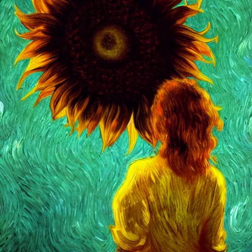 Image similar to closeup, giant sunflower head, woman standing in a room, surreal, dramatic light, impressionist painting, digital painting, artstation, van gogh