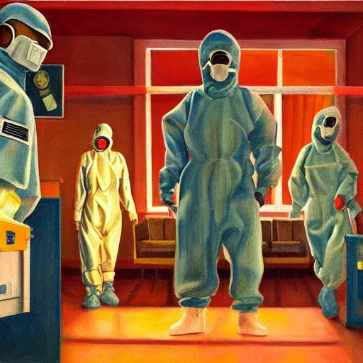 Image similar to pandemic hospital, hazmat suits, dystopian, pj crook, edward hopper, oil on canvas