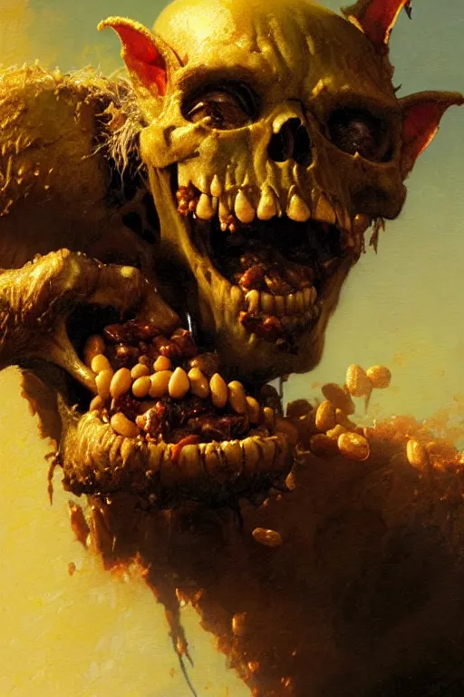 Image similar to extreme close up of a goblin eating baked beans from a skull extremely high detail portrait dnd, painting by gaston bussiere, craig mullins, greg rutkowski, yoji shinkawa