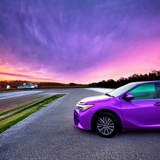 Image similar to purple tornado, blue toyota camry driving away, sunset, 4k, realism, photograph
