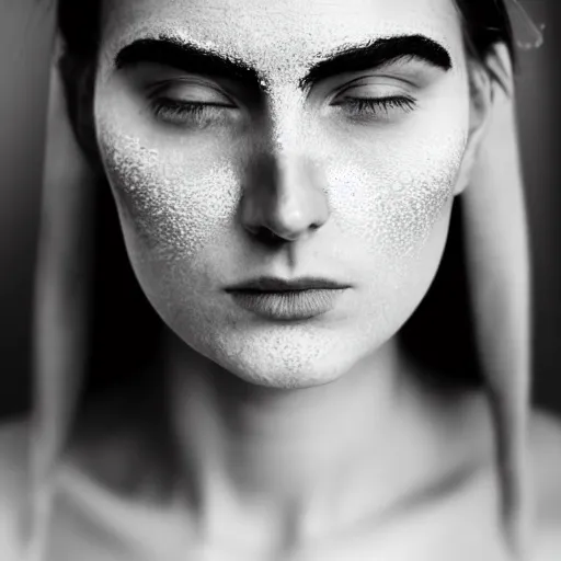 Prompt: minimalist photography portrait of a germanic pagan woman, early middle ages, heathen warrior, symmetrical, super close up, mid thirties, cute round slanted eyes, caucasian, wide nostrils, high cheekbones, full cheeks, high flat eyebrows, angelic, ethereal essence, leica 1 0 0 mm f 0. 8