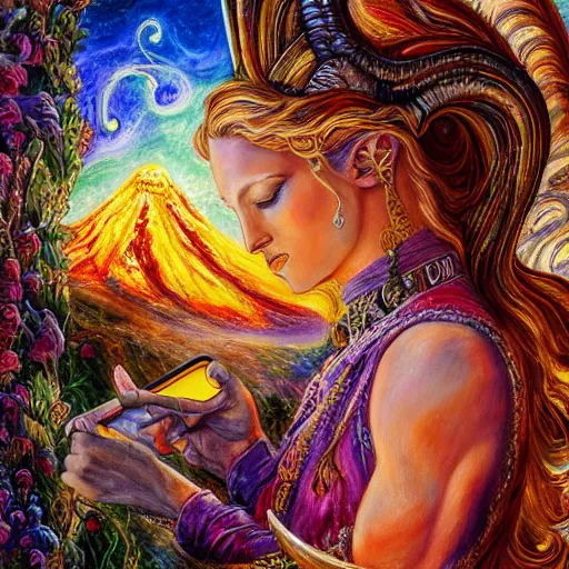 Image similar to painting by josephine wall, goddess with horns of a ram, checking her cell phone, erupting volcano in distance, sunset, flowers in foreground, zodiac, fantasy, acrylic on canvas, intricately detailed, highly detailed, high resolution, hdr, 8 k, by senior concept artist, trending on artstation