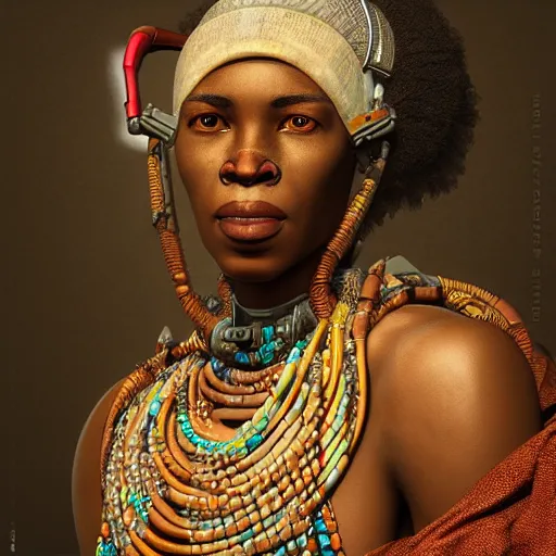 Image similar to Ultra detailed, 4K Portrait of a cyborg african woman by Rachel Ruysch