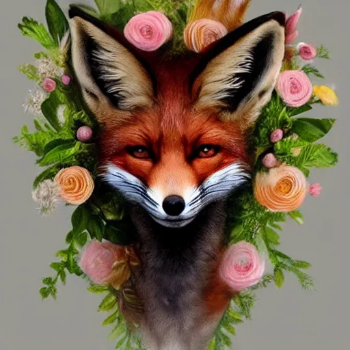 Image similar to portrait of a fox wearing a tiara wreath flowers, fantasy art, d & d, trending on artstation deviantart, beautiful art, highly detailed