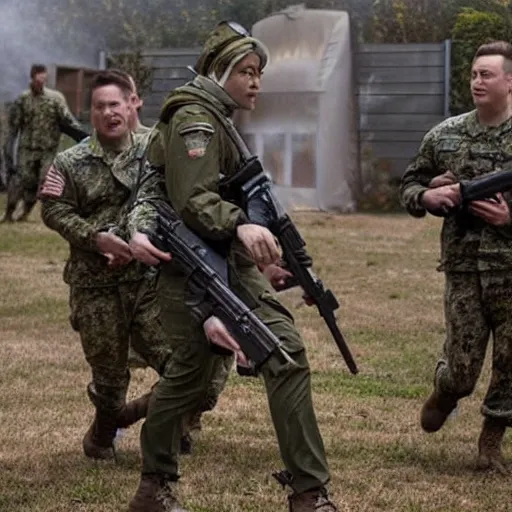 Prompt: elon musk with a military outfit holding an MP-40 shooting zombies