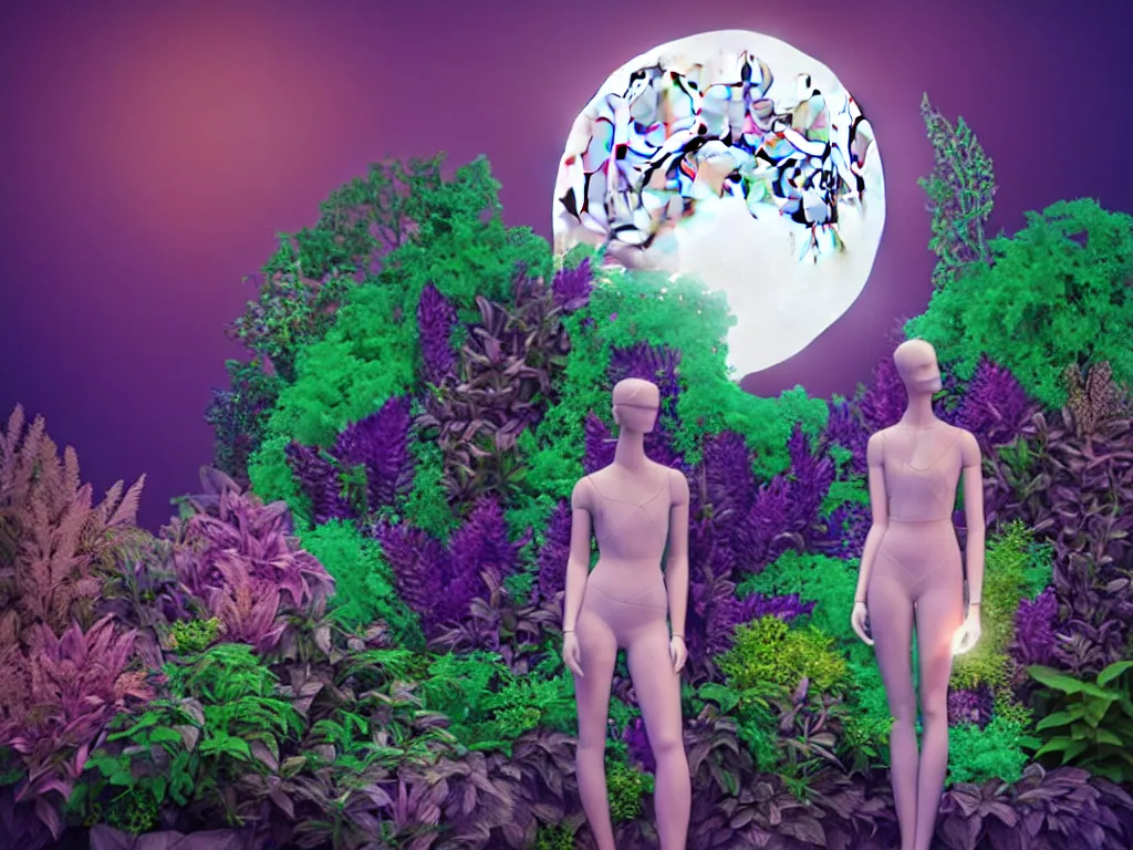 Image similar to beautiful mannequin sculpted out of amethyst by billelis + lit with 3 d geometric neon + facing a doorway opening with neon pink geometric fractal light + flowering hosta plants!!!, moon + city of los angeles in background!! dramatic, rule of thirds, award winning, 4 k, trending on artstation, photorealistic, volumetric lighting, octane render