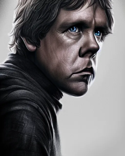 Image similar to very low angle high quality hyper realistic portrait of luke skywalker, dark dramatic portrait realistic and insanely detailed, 8 k