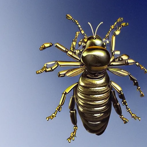 Prompt: cybernetic bees made of metal, mechanical, shiny