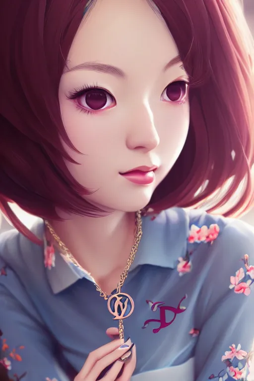 Image similar to a pin up and beautiful fashion charming dreamlke japan girl with lv jewelry, character art, art by wlop and and ilya kuvshinov, hyperdetailed, 8 k realistic, symmetrical, frostbite 3 engine, cryengine, dof, trending on artstation, digital art