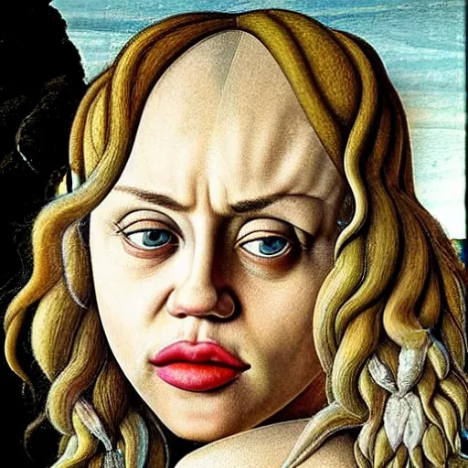 Image similar to miley cyrus as gollum, elegant portrait by sandro botticelli, detailed, symmetrical, intricate