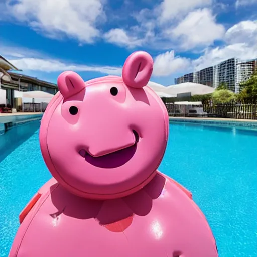 Image similar to an inflatable float of Peppa Pig in the centre of a luxury hotel swimming pool