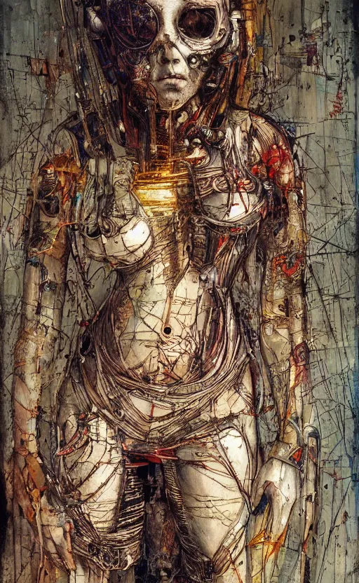 Image similar to woman wearing gown made of mech mask rendered in unreal engine, cyberpunk, rave, scifi, painted by albrecht durer | bernard buffet | carne griffiths | wlop