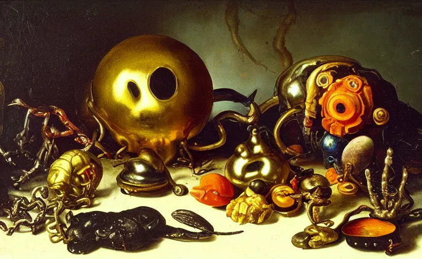 Image similar to disturbing colorful oil painting dutch golden age vanitas still life with bizarre objects strange gooey surfaces shiny metal bizarre insects rachel ruysch dali todd schorr very detailed perfect composition rule of thirds masterpiece canon 5 0 mm, cinematic lighting, photography, retro, film, kodachrome