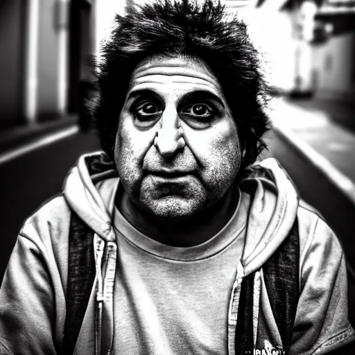 Image similar to Kevin Mitnick as a homeless man, sad, tragic, modelsociety, radiant skin, huge anime eyes, RTX on, perfect face, directed gaze, intricate, Sony a7R IV, symmetric balance, polarizing filter, Photolab, Lightroom, 4K, Dolby Vision, Photography Award